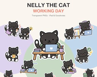 Nelly the Cat Working Day Stickers | 24 Digital PNGs for Goodnotes  Notion IPAD (Digital Download)