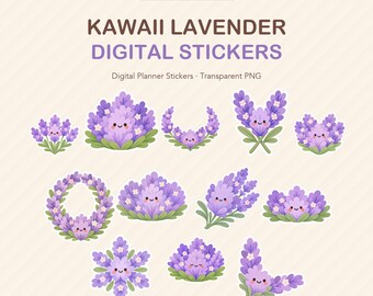 Kawaii Lavender Digital Stickers | 12 Planner Stickers (Transparent PNG Download)
