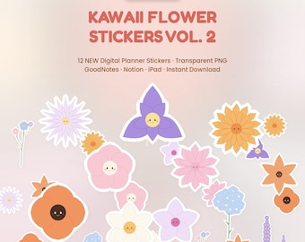 Kawaii Flower Digital Stickers Vol. 2 | 12 New Planner PNGs (Transparent Download)