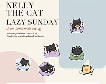 Nelly the Cat Lazy Sunday Digital Stickers | 24 Cozy PNGs (Digital Download)