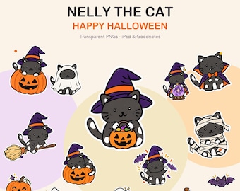 Nelly the Cat Halloween Digital Stickers | 24 Goodnotes PNGs