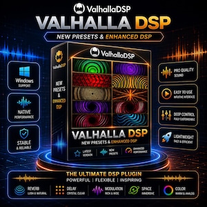 May include: A black rectangular software box for Valhalla DSP featuring the text NEW PRESETS & ENHANCED DSP. The box displays eight colorful abstract circular patterns. Surrounding the box are icons and text for Windows support, pro quality sound, and performance features.