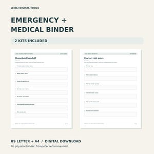 Puede incluir: Un kit de carpeta médica y de emergencia digital con dos páginas imprimibles. La página izquierda se titula Household Handoff y la derecha Doctor visit notes. El texto incluye Lejeli Digital Tools y 2 Kits Included.
