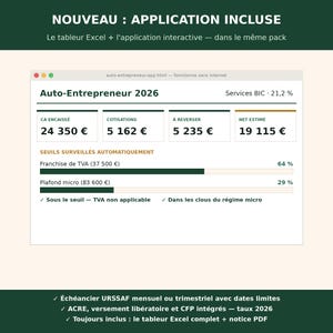 May include: A digital dashboard titled Auto-Entrepreneur 2026 displaying financial data including CA encaissé, cotisations, and net estimé. It features progress bars for TVA and micro-plafond thresholds, with text indicating offline functionality.