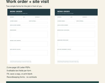 Fillable Work Order and Site Visit Checklist, Two US Letter PDF Forms