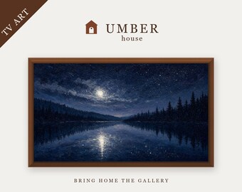 Night Sky Over Quiet Lake Frame TV Art, Moody Reflective Landscape (Digital Download)