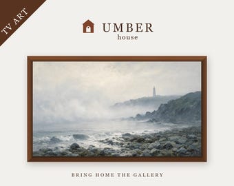 Foggy Coastal Landscape Frame TV Art, Distant Lighthouse Seascape (Digital Download)