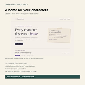 Può includere: Un modello digitale per sito web intitolato Characterfolio, con il testo A home for your characters, Every character deserves a home e Faces from the story. Il layout include schede dei personaggi, filtri e una nota.