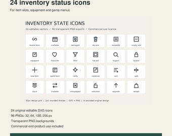 Game Inventory Status Icons, 24 SVGs and 96 Transparent PNGs for RPG Interfaces