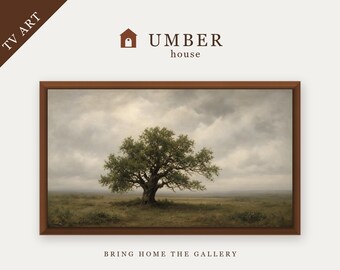 Soft Cloudy Sky Tree Frame TV Art, Solitary Oak Vintage Landscape (Digital Download)