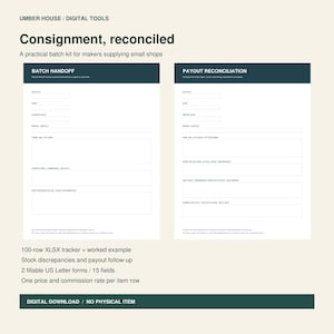 May include: A digital tool kit titled Umber House Consignment, reconciled, featuring two fillable US Letter forms: Batch Handoff and Payout Reconciliation. The forms include fields for batch ID, shop, date, contact, and itemized financial tracking.