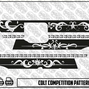 Könnte beinhalten: Eine schwarze digitale Grafikdatei mit einem Colt Competition-Mustermotiv mit weißen Blumen- und Schnörkelgravuren. Das Layout enthält verschiedene rechteckige und geformte Segmente mit sich wiederholenden Blumenbordüren.