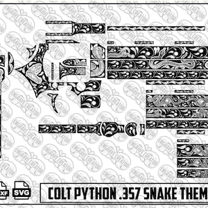 May include: A black and white digital design file for a Colt Python .357 revolver featuring intricate snake and floral scrollwork patterns. The layout includes various component shapes for engraving, with the text COLT PYTHON .357 SNAKE THEME DESIGN.