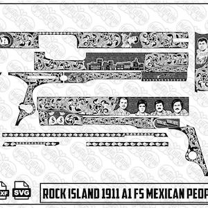 Könnte beinhalten: Eine schwarz-weiße digitale Designdatei für eine Rock Island 1911 A1 FS mit komplizierten floralen Schnörkeln, einer Stadtsilhouette, Porträts von vier Männern, einem mexikanischen Wappen, Geldsäcken und dem Text "FUCK THE RULES" in einer Schrift.