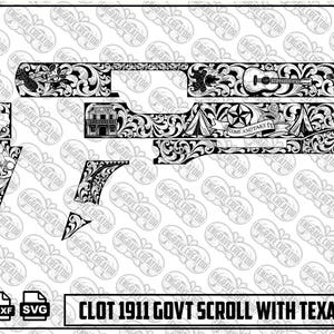 May include: A black and white digital design file for a Colt 1911 government model featuring intricate scrollwork engravings, a Texas star, a saloon, a guitar, a skull, and a banner with the text COME AND TAKE IT, labeled as CLOT 1911 GOVT SCROLL WITH TEXAS THEME.