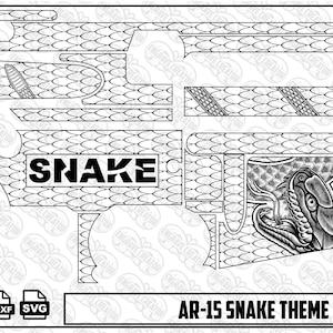 Op de afbeelding: Een digitale vectorbestandsset met een AR-15 slangenthema-ontwerp met een herhalend schubbenpatroon. De lay-out bevat diverse uitsparingen, het woord SNAKE in dikke blokletters en een gedetailleerde illustratie van een slangenkop met open bek.