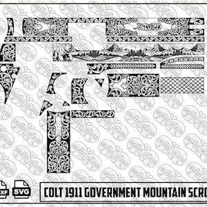 Pode incluir: Um arquivo de design digital em preto e branco para uma pistola Colt 1911 Government com volutas complexas, uma paisagem de montanha e uma ilustração de urso. O layout inclui vários padrões de componentes com ícones PNG, DXF e SVG.