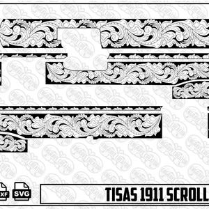Pode incluir: Um arquivo gráfico digital em preto e branco apresentando um design de volutas para Tisas 1911. A imagem exibe vários padrões complexos de flores e vinhas dispostos em segmentos, com ícones de formato PNG, DXF, SVG e o texto TISAS 1911 SCROLL DESIGN.
