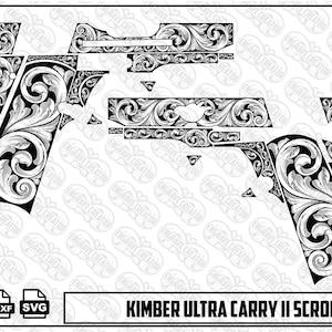 Könnte beinhalten: Eine schwarz-weiße digitale Grafikdatei mit einem Kimber Ultra Carry II Scroll-Design. Das Kunstwerk zeigt komplizierte florale Muster, die in Form einer Handfeuerwaffe angeordnet sind, zusammen mit Dateiformat-Symbolen und dem Text Kimber Ultra Carry II Scroll Design.