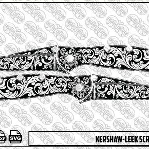 May include: A black and white digital graphic design featuring two folding knives with intricate scrollwork patterns. The image includes icons for PNG, DXF, and SVG file formats, along with the text Kershaw-Leek Scroll Design at the bottom.