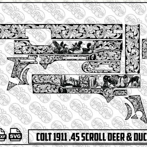 May include: A black and white digital design file for a Colt 1911 .45 pistol featuring intricate scrollwork, ducks in flight, and a forest scene with deer. The layout includes various component patterns labelled with PNG, DXF, and SVG icons.
