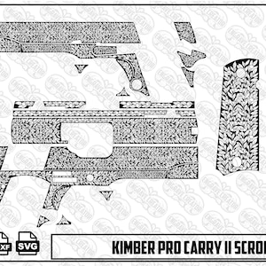 Può includere: Un file vettoriale digitale in bianco e nero con un dettagliato motivo a volute progettato per una Kimber Pro Carry II. Il layout include varie forme di componenti ricoperte da intricati motivi a foglie, con il testo Kimber Pro Carry II Scroll Design in basso.