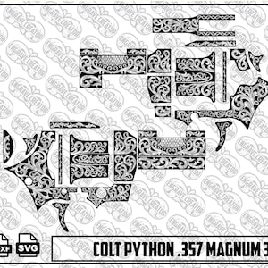 May include: A black and white digital graphic file featuring two mirrored silhouettes of a Colt Python .357 Magnum revolver, each covered in intricate scrollwork engravings. The text "COLT PYTHON .357 MAGNUM 3" SCROLL" appears at the bottom.