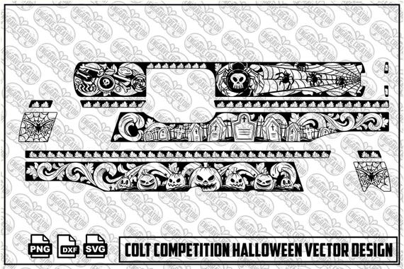 Colt Competition Slide Halloween Vector Design | Spooky Skull & Pumpkin Engraving SVG | Gothic Halloween Scrollwork Digital Art