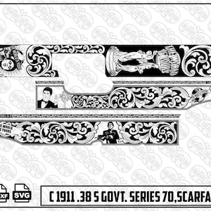 以下が含まれることがあります： 1911 .38 S Govt. Series 70ピストル用の白黒デジタルデザインファイル。複雑なスクロール模様、THE WORLD IS YOURSという文字が入った地球儀の像、スーツを着た男性の肖像画、SAY HELLO TO MY LITTLE FRIENDという文字が特徴です。