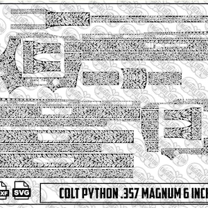 May include: A black and white digital design file for a Colt Python .357 Magnum 6 inch scroll engraving. The image displays various flat, unfolded components of the revolver, each covered in a dense, intricate leaf and vine scrollwork pattern.