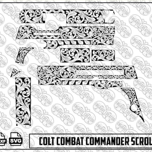 May include: A black and white digital file set featuring a Colt Combat Commander scroll design with intricate floral patterns. The collection includes various shaped components for engraving, labelled with PNG, DXF, and SVG file format icons.