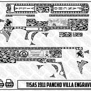 Könnte beinhalten: Ein schwarz-weißes digitales Gravurdesign für eine Tisas 1911 Pistole mit komplexen floralen Rankenmustern, Porträts von Pancho Villa und dem Text Pancho Villa. Das Layout enthält verschiedene Komponentenmuster für die Waffenanpassung.