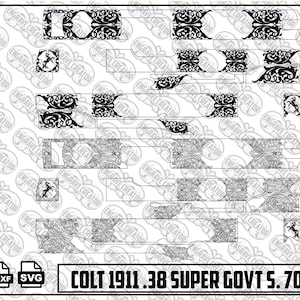 May include: A digital design file set for a Colt 1911 .38 Super Govt S. 70, featuring intricate black scrollwork patterns on a white background. The collection includes PNG, DXF, and SVG file formats for engraving projects with detailed floral motifs.