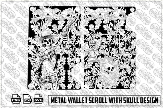 Skull Scroll Metal Wallet Engraving Design, Gothic SVG