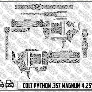 May include: A black and white digital file featuring a detailed scrollwork engraving pattern designed for a Colt Python .357 Magnum 4.25 inch revolver. The graphic displays various component layouts with intricate floral motifs and text at the bottom.