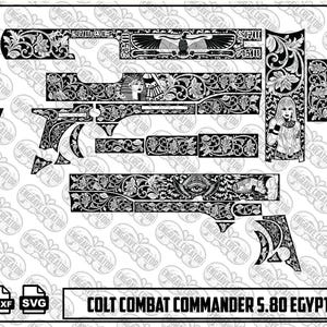 May include: A black and white digital design file for a Colt Combat Commander 5.80, featuring intricate Egyptian and Aztec-inspired floral engravings, including an eye of providence, a pharaoh, and a winged sun disk, with PNG, DXF, and SVG file icons.
