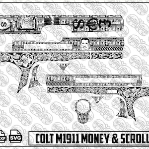 May include: A black and white digital design file for a Colt M1911 featuring intricate floral scrollwork patterns combined with imagery of currency, money bags, and a portrait. The layout includes various component shapes for firearm customization.