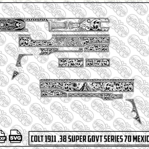 May include: A digital design file set for a Colt 1911 .38 Super Govt Series 70 featuring intricate Mexican scroll engravings, including floral patterns, architectural elements, and cultural motifs, presented in black and white line art.