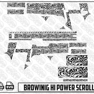 Könnte beinhalten: Ein digitales Grafikdateiset mit einem schwarz-weißen Rankenmuster für Gravuren. Das Layout enthält verschiedene rechteckige und geformte Segmente mit komplexen floralen Motiven. Der Text lautet BROWINIG HI POWER SCROLL DESIGN.