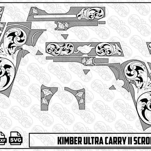 Peut inclure: Un fichier graphique numérique en noir et blanc présentant un motif de volutes conçu pour un Kimber Ultra Carry II. L'image affiche les contours de divers composants d'arme à feu remplis de gravures florales complexes et inclut les étiquettes PNG, DXF et SVG.