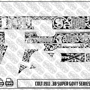 Puede incluir: Un patrón de grabado digital en blanco y negro para una pistola Colt 1911 .38 Super Govt Series 70. El diseño presenta intrincados adornos florales, retratos de Emiliano Zapata y texto que incluye "Tierra y Libertad" y "It is better to die on your feet than to live on your knees."