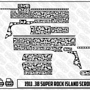 Könnte beinhalten: Eine schwarz-weiße digitale Grafikdatei mit einem detaillierten Rankenmuster, das für eine 1911 .38 Super Rock Island Schusswaffe entworfen wurde. Das Bild zeigt verschiedene Bauteilformen mit floralen Gravuren sowie PNG-, DXF- und SVG-Dateisymbole.