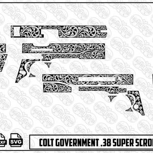 以下が含まれることがあります： Colt Government .38 Superピストル用の複雑なスクロール模様が施された、白黒のデジタルデザインファイルセット。このコレクションには、詳細な花の彫刻が施されたさまざまなコンポーネント形状が含まれており、PNG、DXF、SVG形式としてラベル付けされています。