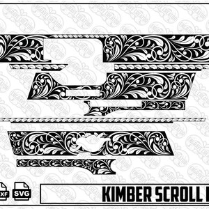May include: A black and white digital graphic file titled Kimber Scroll Design, featuring intricate floral scrollwork patterns arranged in various rectangular and linear segments, with file format icons for PNG, DXF, and SVG displayed below.