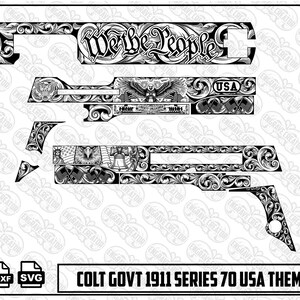 Peut inclure: Un fichier de conception numérique en noir et blanc pour un Colt Govt 1911 Series 70 avec des volutes complexes, le texte We the People, un aigle, la Liberty Bell, la Statue de la Liberté et des drapeaux américains. Formats PNG, DXF et SVG inclus.