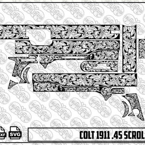 Puede incluir: Un archivo gráfico digital en blanco y negro que presenta un patrón de volutas detallado diseñado para una pistola Colt 1911 .45. La imagen muestra varias formas de componentes cubiertas con intrincados grabados florales, con el texto COLT 1911 .45 SCROLL DESIGN.
