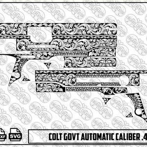 Könnte beinhalten: Eine digitale Designdatei mit einem schwarz-weißen Rankenmuster in Form der Komponenten einer Colt Govt Automatic Caliber .45. Das Bild enthält PNG-, DXF- und SVG-Symbole sowie den Text COLT GOVT AUTOMATIC CALIBER .45 SCROLL.
