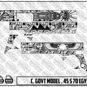 May include: A black and white digital design file for a C. GOVT MODEL . 45 5 70 EGYPT AZTEC firearm engraving. The pattern features detailed Egyptian motifs including pharaohs, pyramids, sphinxes, Anubis, the Eye of Horus, and hieroglyphics.