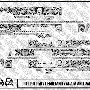 Puede incluir: Un archivo de diseño digital en blanco y negro para una pistola Colt 1911 con grabados florales intrincados, retratos de Emiliano Zapata y Pancho Villa, el texto Emiliano Zapata, Pancho Villa, Tierra y Libertad y Mexico, con iconos PNG, DXF y SVG.