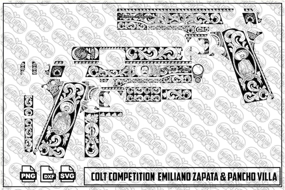Colt Competition Emiliano Zapata & Pancho Villa Vector Design | Mexican Revolution Engraving SVG | Western Scrollwork Digital Art